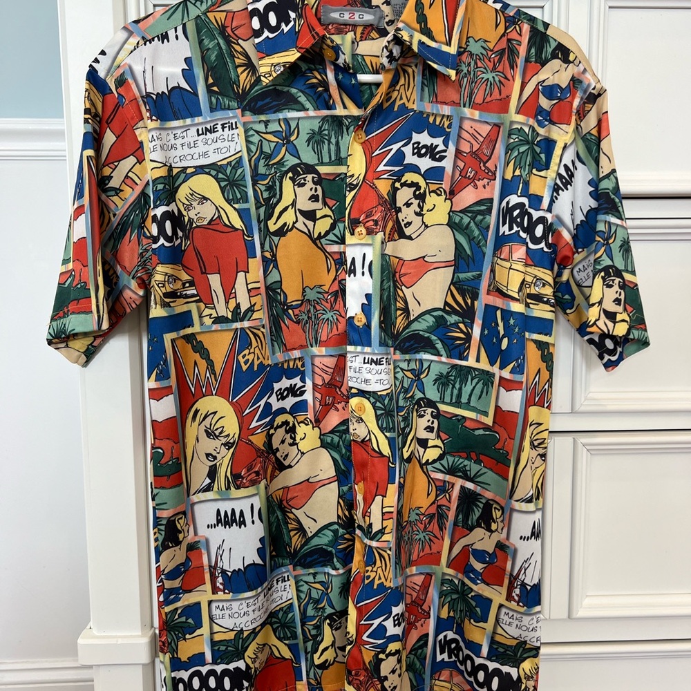 Men's Multicolor Comic-Panel Short Sleeve Button-Down Shirt